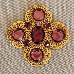 Vintage Miriam Haskell Purple Rhinestone Filigree Maltese Cross Brooch